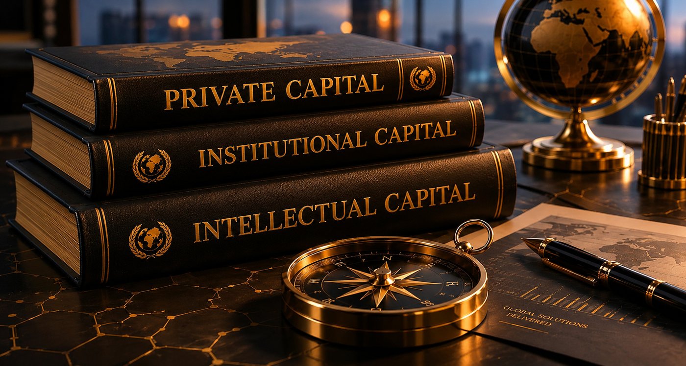 Stacked leather volumes titled Private Capital, Institutional Capital and Intellectual Capital, with brass globe and compass